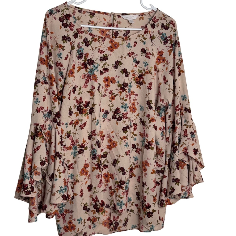 Lauren‎ Conrad Floral Bell Sleeve Blouse Women XL Pink Long Sleeve Crew Neck